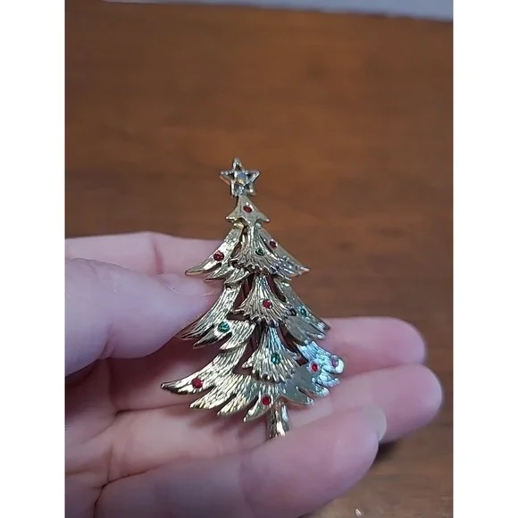 Brooch Tancer-II‎ Christmas Tree Rhinestone Gold Tone Vintage Pin Star Mcm - Picture 3 of 7